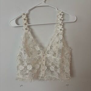 for love & lemons ivory white, lace, pearl, diamond floral button lingerie top.🤍